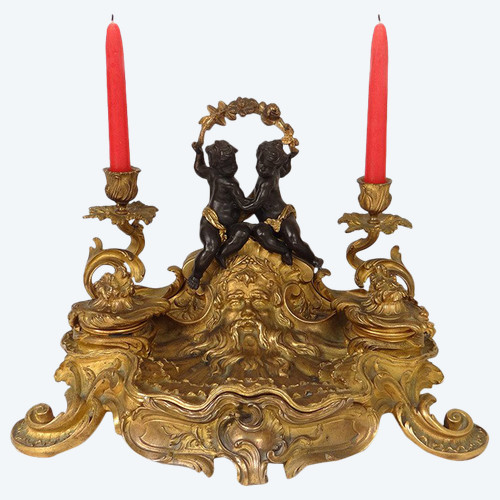 Calamaio Luigi XV rocaille candelieri in bronzo carattere cherubini 41 cm XVIII secolo