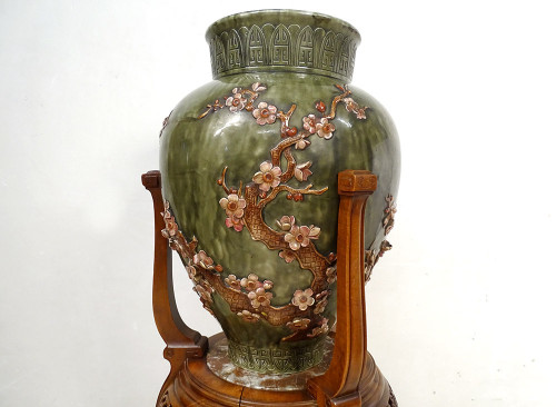 Large earthenware vase Jules Vieillard Bordeaux Japanese decor 19th century Sellette