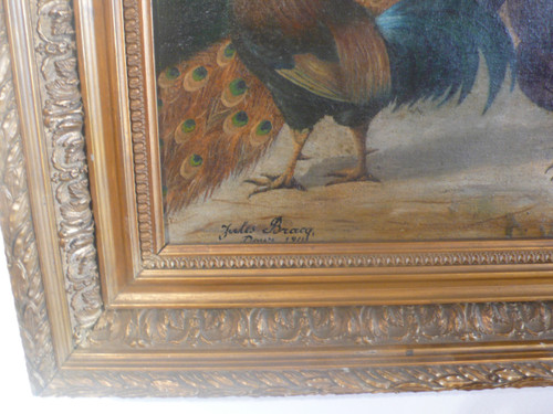 Quadro raffigurante un pavone, un gallo e un tacchino firmato Jules Bracq.