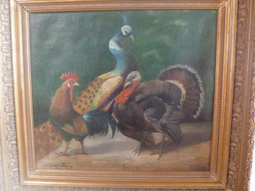 Quadro raffigurante un pavone, un gallo e un tacchino firmato Jules Bracq.