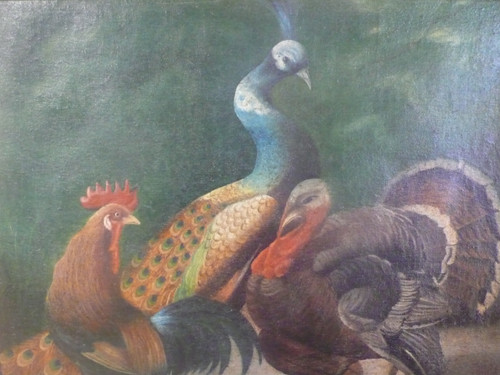 Quadro raffigurante un pavone, un gallo e un tacchino firmato Jules Bracq.