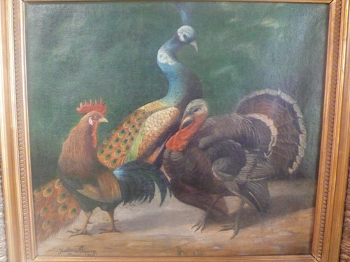 Quadro raffigurante un pavone, un gallo e un tacchino firmato Jules Bracq.