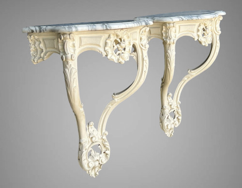 PAIR OF 19th CENTURY LOUIS XV STYLE WOODEN CONSOLES, SCULPTTED, BLANC RECHAMPIES