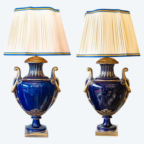 Important Pair Of Late 19th Century Blue Porcelain Lamps