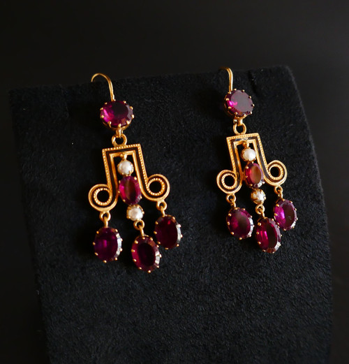 Antique Earrings, Garnets, Pearls and Enamel.