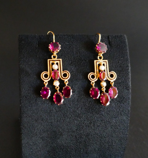 Antique Earrings, Garnets, Pearls and Enamel.