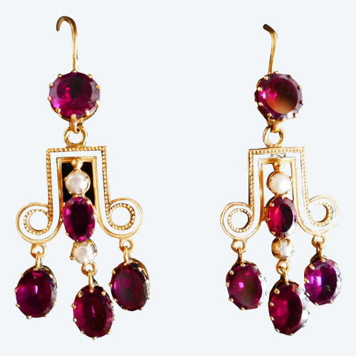 Antique Earrings, Garnets, Pearls and Enamel.