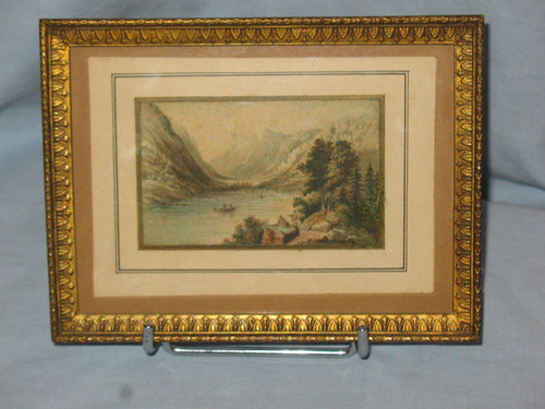 19th century Swiss school Small gouache depicting a mountainous lakescape Bronze frame