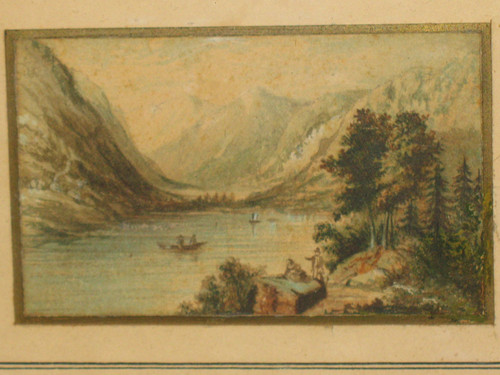 19th century Swiss school Small gouache depicting a mountainous lakescape Bronze frame