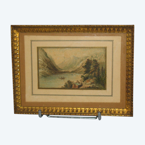 19th century Swiss school Small gouache depicting a mountainous lakescape Bronze frame