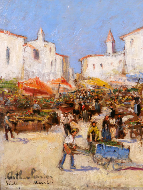 Arthur PERRIER, Market landscape, painting, circa 1930