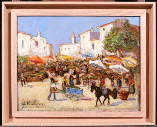 Arthur PERRIER, Market landscape, painting, circa 1930