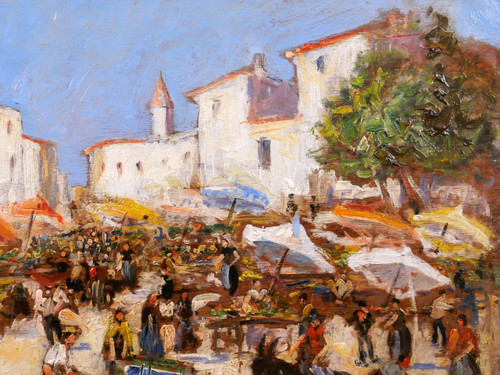 Arthur PERRIER, Market landscape, painting, circa 1930