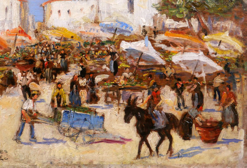 Arthur PERRIER, Paysage de marché, tableau, vers 1930