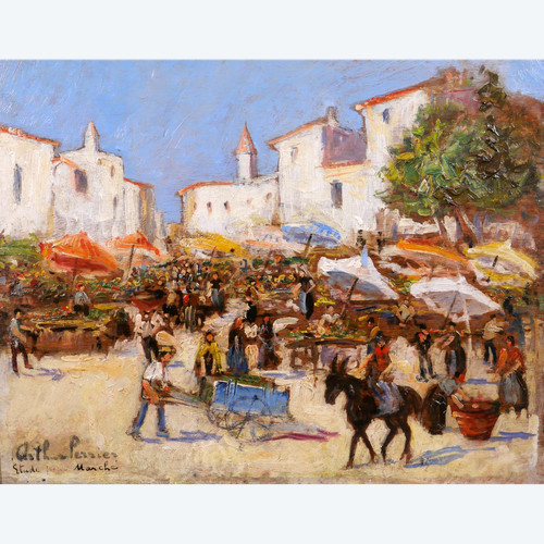 Arthur PERRIER, Paesaggio di mercato, dipinto, 1930 ca.