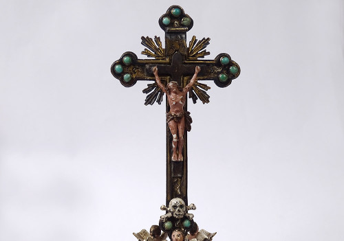 Petit Crucifix Autriche Vienne Croix Argent émaillé Turquoises Christ XIXè