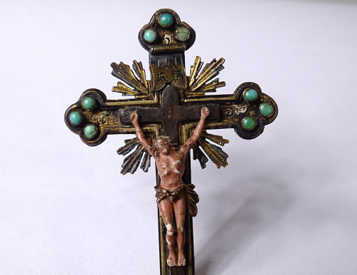 Petit Crucifix Autriche Vienne Croix Argent émaillé Turquoises Christ XIXè