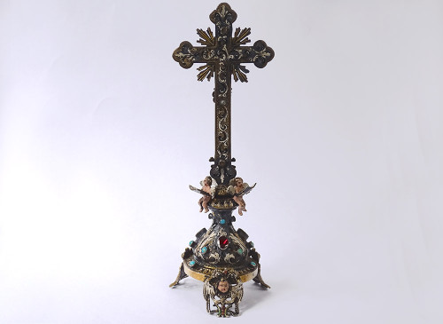 Petit Crucifix Autriche Vienne Croix Argent émaillé Turquoises Christ XIXè