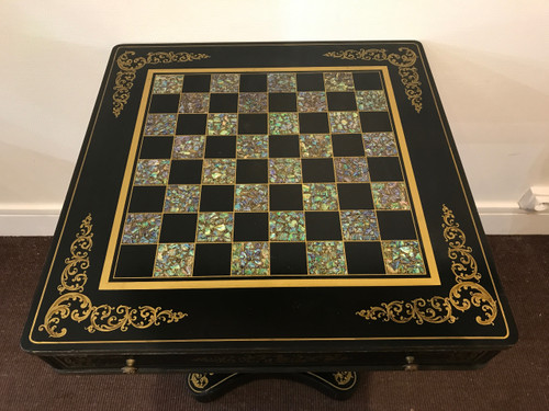 Games table in black wood and mother-of-pearl decor 20th century 