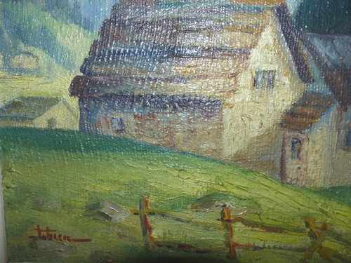 Oil painting on canvas village Auron Nice (signed Fabien 1951)