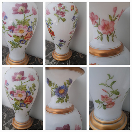 Pair of Charles X opaline vases exceptional in the quality of natural flower bouquets