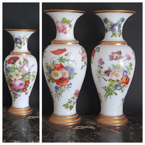 Pair of Charles X opaline vases exceptional in the quality of natural flower bouquets