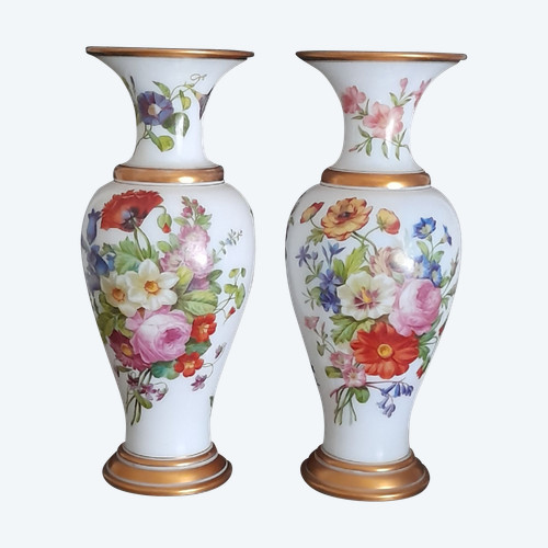 Pair of Charles X opaline vases exceptional in the quality of natural flower bouquets