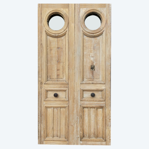 Large Old Double Entrance Door In Oak Haussmann Period Oeil De Boeuf