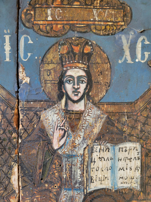 painting Icon of Christ enthroned, oil on wood.