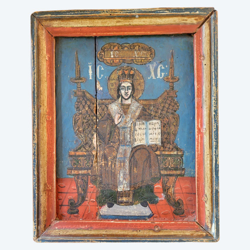 painting Icon of Christ enthroned, oil on wood.