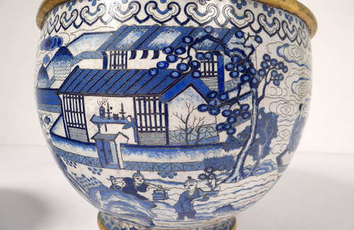 Grand Bassin Coupe Chine émaux Cloisonnés Blanc Bleu Ming Signé Zhengde 16è