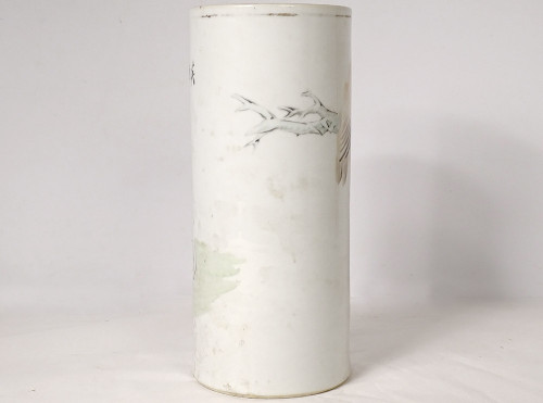 Vase Rouleau Porcelaine Chine Chien Oiseau Arbre Poème Signé Guangxu XIXème