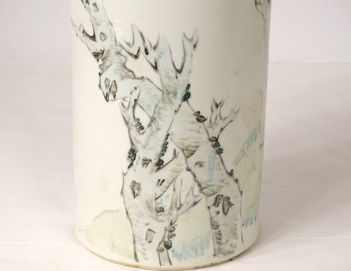 Vase Rouleau Porcelaine Chine Chien Oiseau Arbre Poème Signé Guangxu XIXème