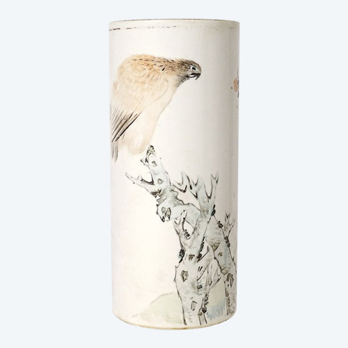 Porzellan Roller Vase China Hund Vogel Baum Gedicht signiert Guangxu 19