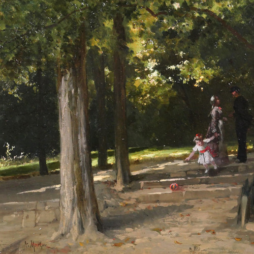 Antoine MORLON, L'incontro nel parco, pittura impressionista, paesaggio, personaggio, famiglia