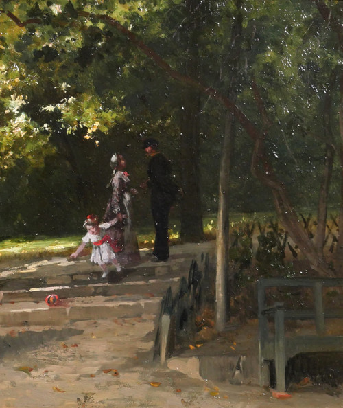 Antoine MORLON, L'incontro nel parco, pittura impressionista, paesaggio, personaggio, famiglia