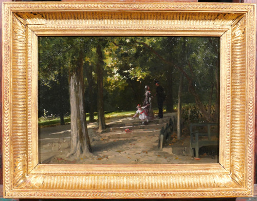 Antoine MORLON, L'incontro nel parco, pittura impressionista, paesaggio, personaggio, famiglia