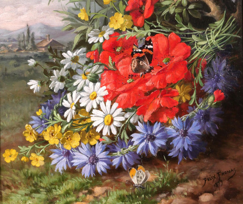 André-Félix THOMAS Tableau nature morte, fleurs, oiseau et papillons dans un paysage