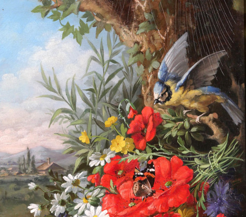 André-Félix THOMAS Tableau nature morte, fleurs, oiseau et papillons dans un paysage