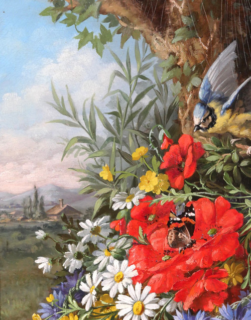 André-Félix THOMAS Tableau nature morte, fleurs, oiseau et papillons dans un paysage