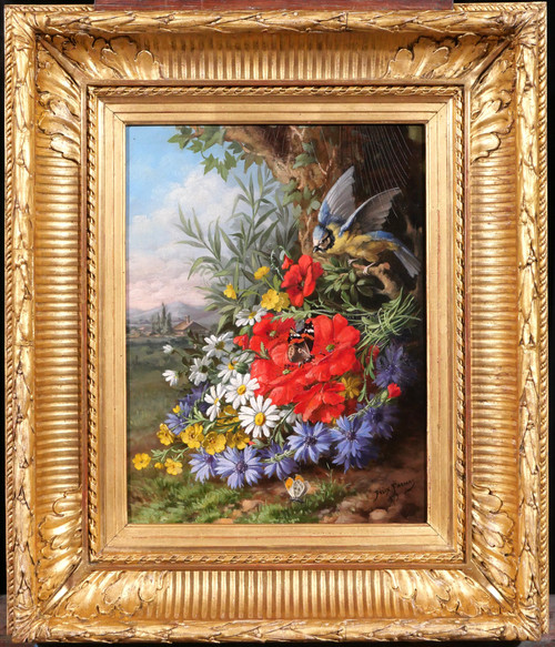 André-Félix THOMAS Tableau nature morte, fleurs, oiseau et papillons dans un paysage