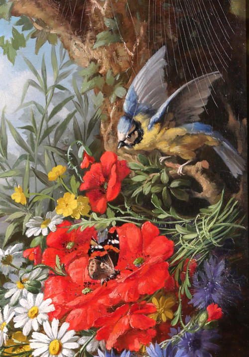 André-Félix THOMAS Tableau nature morte, fleurs, oiseau et papillons dans un paysage