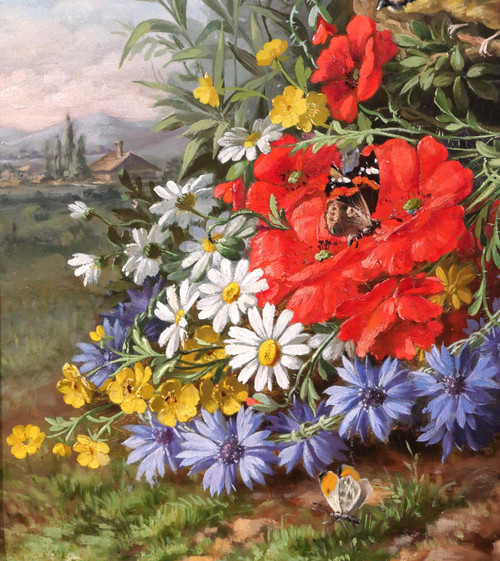 André-Félix THOMAS Tableau nature morte, fleurs, oiseau et papillons dans un paysage