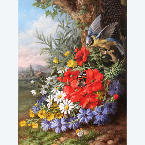 André-Félix THOMAS Tableau nature morte, fleurs, oiseau et papillons dans un paysage