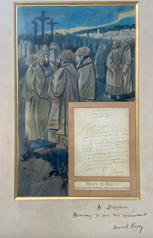 Original drawing by Théophile Alexandre Steinlen accompanied by a letter from Ernest Renan