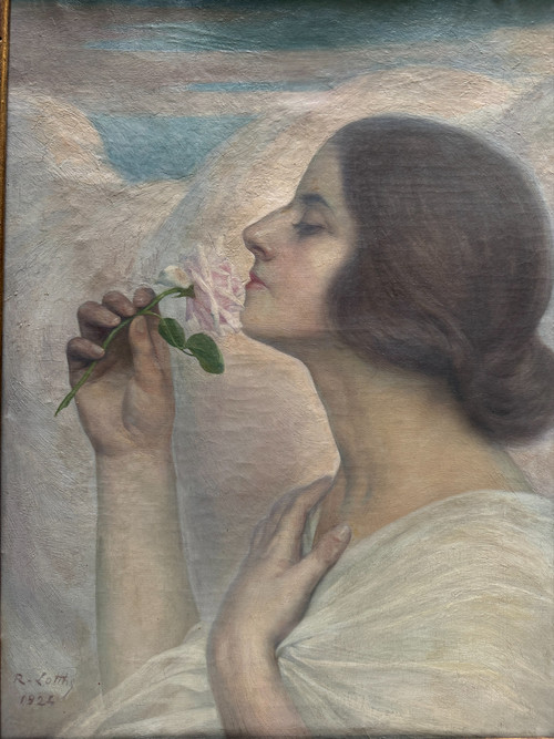 Raymond Lotthe (1867-1938) - Giovane donna con una rosa, 1924