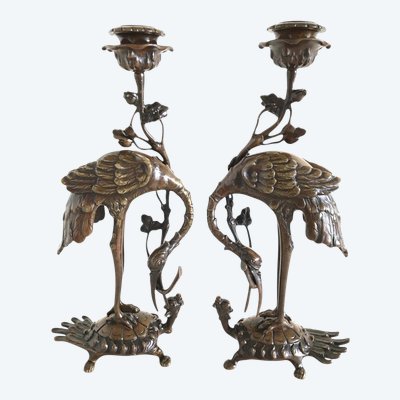 Pair of chased and patinated bronze candlesticks, Japan Late 19th century