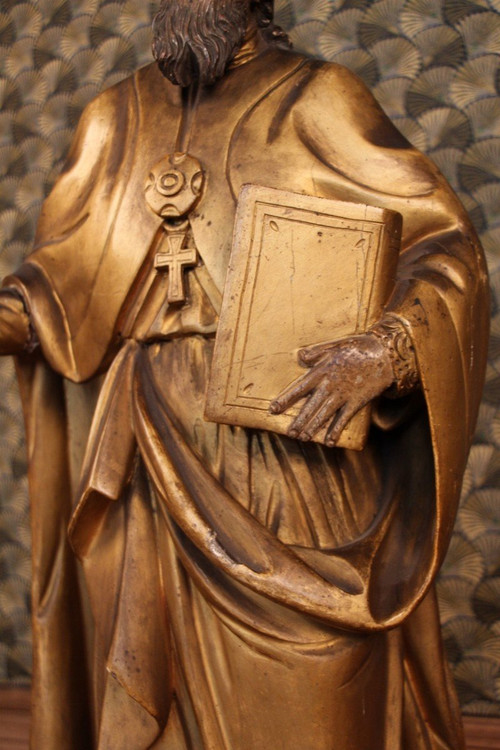 Grande statua in legno dorato del XVIII secolo raffigurante un santo vescovo con baldacchino rimovibile