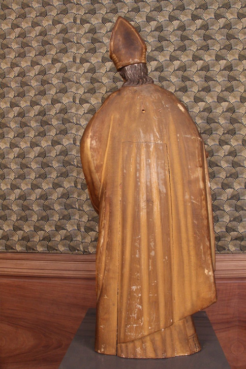 Grande statua in legno dorato del XVIII secolo raffigurante un santo vescovo con baldacchino rimovibile