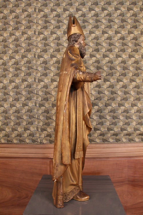 Grande statua in legno dorato del XVIII secolo raffigurante un santo vescovo con baldacchino rimovibile